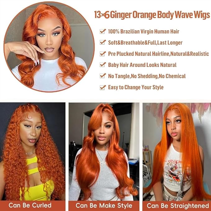 32 Inch Ginger Wig Human Hair Body Wave Ginger Orange 13X6 Lace Front Wigs Human Hair Pre Plucked 180 Density 350# Colored Glueless 13X6 HD Lace Frontal Wig Human Hair for Women