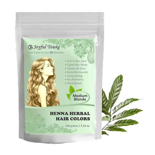 3IN1 Henna Hair Color - 30 Min Fast Herbal Hair Dye for Gray Coverage, Conditioning & Hair Treatment - No Ammonia, Semi-Permanent, Plant-Based (MEDIUM BLONDE)