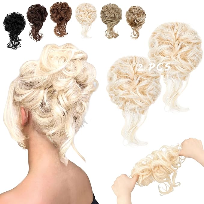 2PCS Messy Bun Hair Piece Tousled Updo with Tendrils Wavy Curly Hair Bun Scrunchies Ponytail Extension Elastic Band Hairpieces For Women (Bleach Blonde)