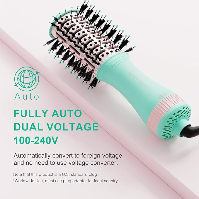 Travel Hair Dryer Brush Dual Voltage Blow Dryer in One, 2 inch Mini Hot Air Styling Tool, Hair Volumizer/Straightener/Curler with Universal Adapter, European Travel Size Styler