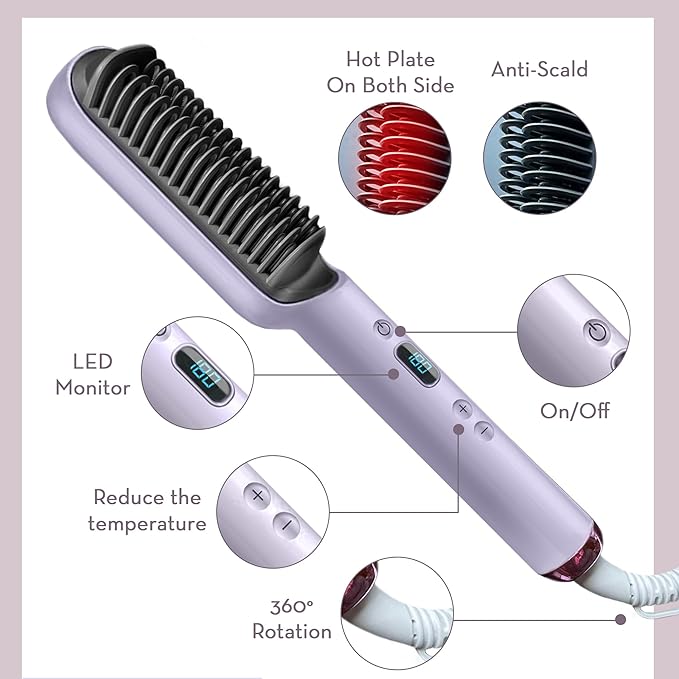 Hair Straightener Dual Brush Head - Straighten Frizzy Hair w Ease — Titanium Ionic Comb with 17 Temp Settings w LCD Display - Fast Heating, Salon-Quality Styling Tool for Women, Lavender-Royal