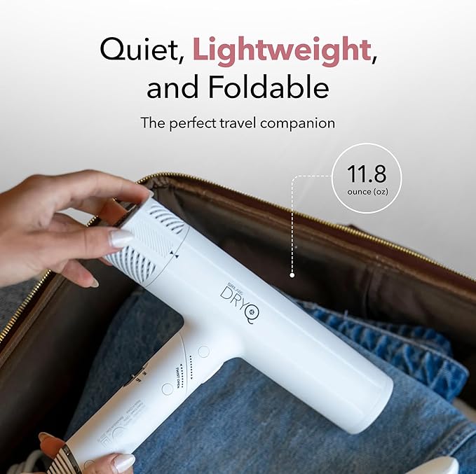 SRILabs DryQ ‘Smart’ Hair Dryer – White Edition – Super Lightweight, Foldable – Powerful, Quiet Motor – Infrared & Ionic Technology – 3 Magnetic Attachments – Heat Control with Locking Switch