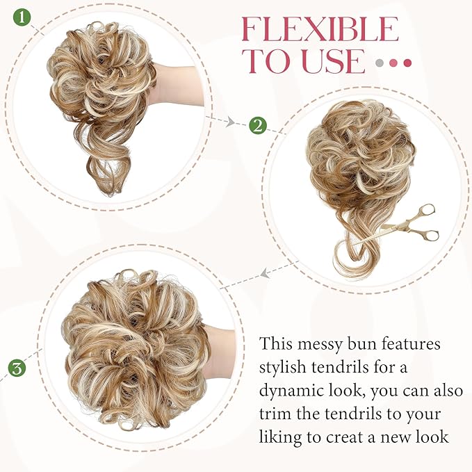 2PCS Messy Bun Hair Piece Tousled Updo with Tendrils Wavy Curly Hair Bun Scrunchies Ponytail Extension Elastic Band Hairpieces For Women (Ginger Brown Mix Bleach Blonde)