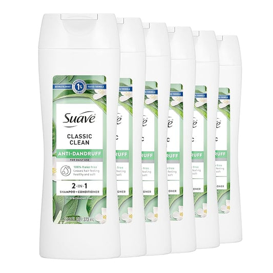 Suave Anti Dandruff 2 IN 1 Shampoo & Conditioner For Women, Classic Clean, 1% Pyrithione Zinc Dandruff Treatment, Controls Flakes, Itch & Dry Scalp, 6 Count, 12.6 FL OZ