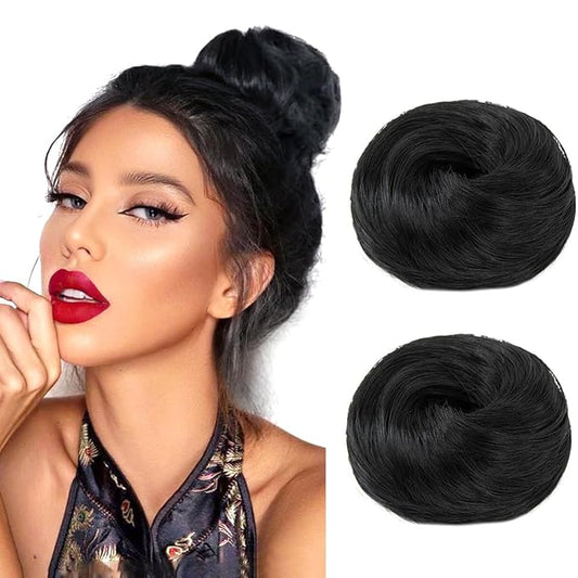 2PCS Small Cute Messy Bun Hair Piece for Thin Hair Women Mini Synthetic Curly Bun Scrunchies Updo Hairpieces Black