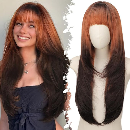 Long Dark Brown to Copper Ombre Wig with Bangs for Women,4x4 Realistic Scalp,Free Parting,Layered Hairstyle Synthetic Heat Resistant for Daily Party Use 26 inch