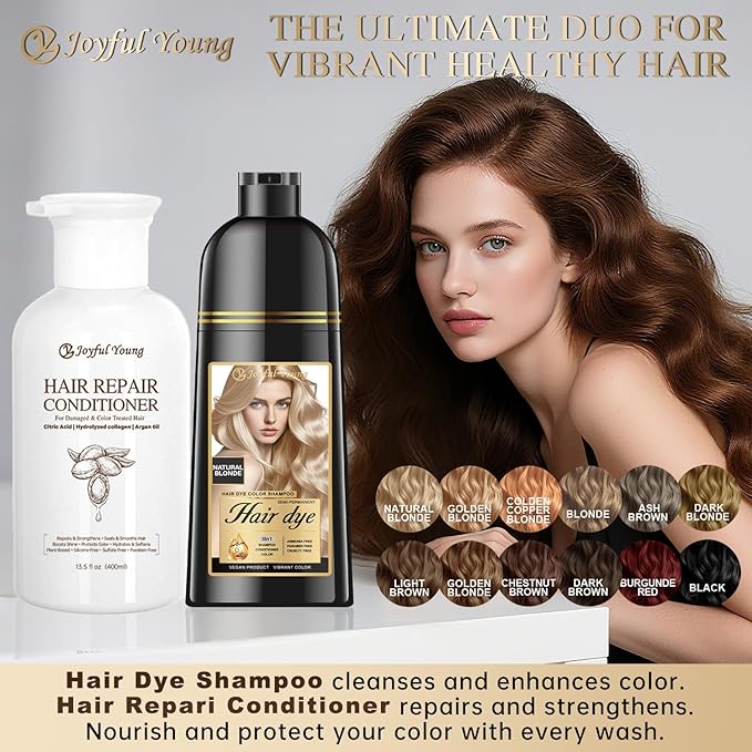 3-in-1 Natural Hair Dye Shampoo & Hair Repair Conditioner Bundle - Gray Coverage & Deep Moisture - Vegan, Sulfate-Free, Color-Safe - Argan Oil, Collagen - 2x400ml (ASH BROWN)