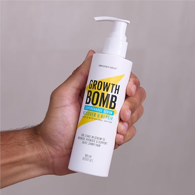 GROWTH BOMB Supercharge Serum - Anti Frizz Hair Serum, Leave in Hair Care for Curly, Wavy, Dry, Frizzy Strands, Silky Smooth Hydration & Shine for Split Ends, Treatment for Women & Men - 185 mL
