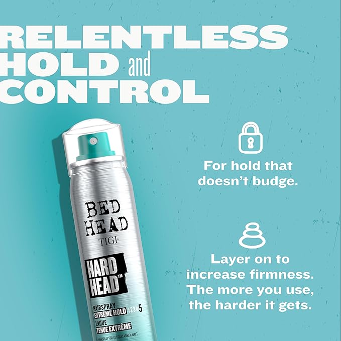 TIGI Bed Head Hard Head Hair Spray, Travel Size, Extra Strong Hold for All Day Style and All Hair Types, 3 oz