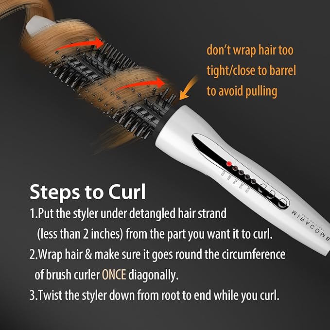 MIRACOMB Hair Curler Straightening Brush Ceramic Tourmaline Cool Touch PRO Multi Styler with 5 Heat Adjustments 1 Inch Barrel Auto Shut Off, Pearl White (Package May Vary)