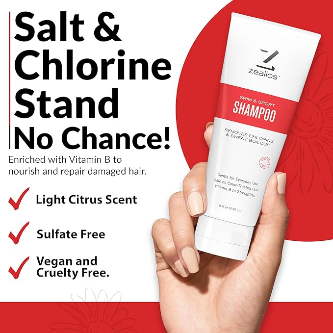 Zealios Swim & Sport Clarifying Shampoo, 8 oz Squeeze Tube for Extremely Damaged Hair, Pool Hair Repair & Protector - Sulfate-Free, Moisturizing Chlorine & Salt Removal, Color-Safe, Citrus Scent