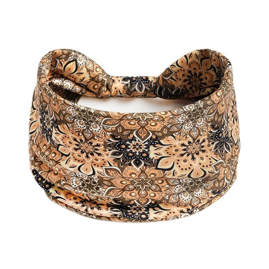 1 Pack Boho Headbands Stretch Paisley Print Bandana Headband Criss Cross Hair Bands Knotted Head Wrap Yoga Daily for Women and Girls (Tan Speckled)