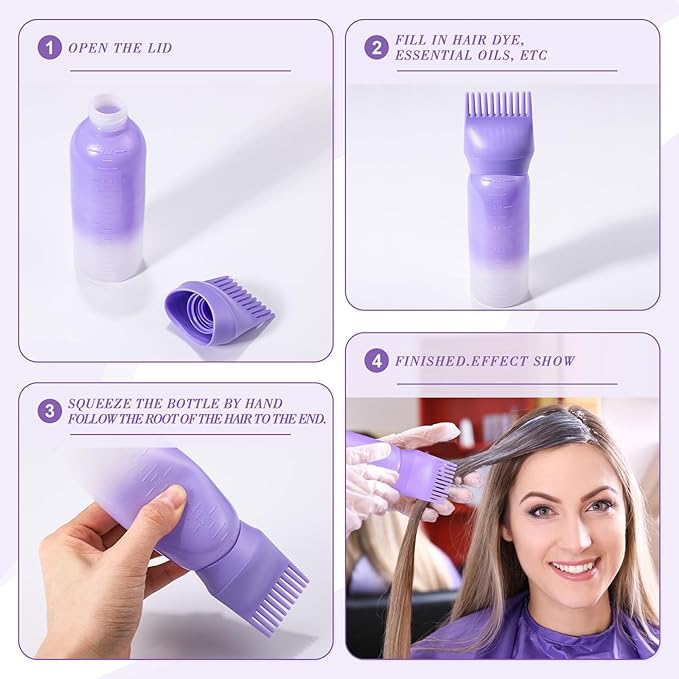 Pimoys 2 Pack Root Comb Applicator Bottle 6 Ounce Oil Applicator for Hair Dye Hair Oiling Bottle Applicator Brush with Graduated Scale, Gradient Color