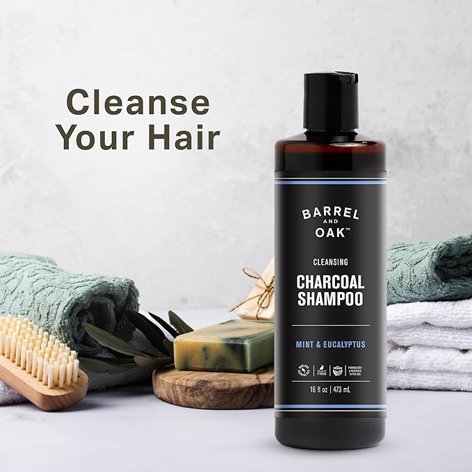 Barrel and Oak Shampoo and Conditioner Set, Mint and Eucalyptus Charcoal Shampoo and Bourbon Cedar Rinse-Out Leave In Conditioner for Men, Vegan Hair Care Essentials, 16 oz Each