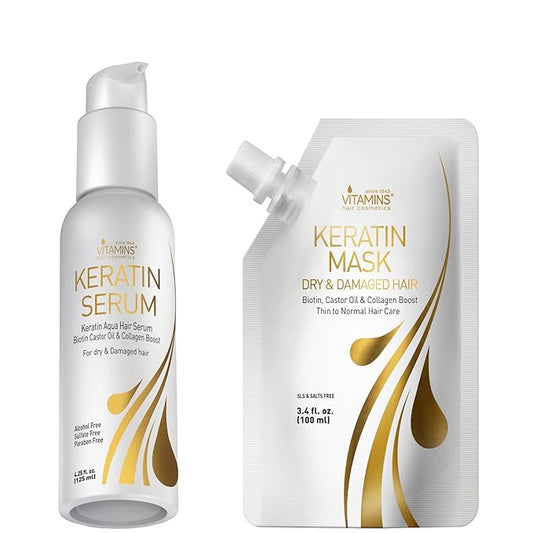 Vitamins Keratin Hair Serum and Mask Travel Kit - Weightless Heat Protectant Anti-Frizz , Deep Conditioner for Dry Damaged Hair - Pro Ultra Repair for Glossy Hair