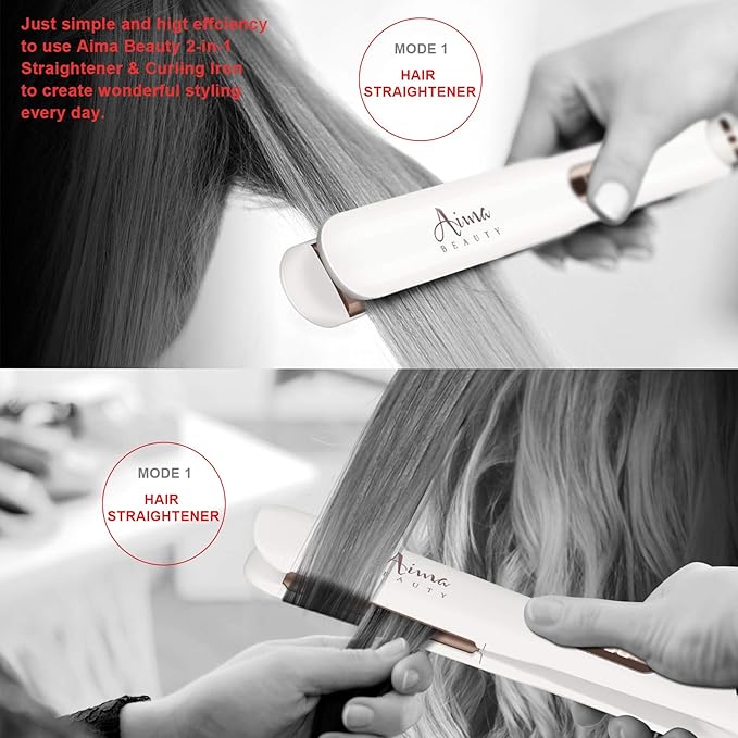 1¼ Inch Titanium Nano Flat Iron, Aima Beauty 2 in 1 Hair Straightener with 3D Floating Ceramic Coating Plates for Healthy Styling & Thin Hair, LCD Temp Display, Dual Voltage, White
