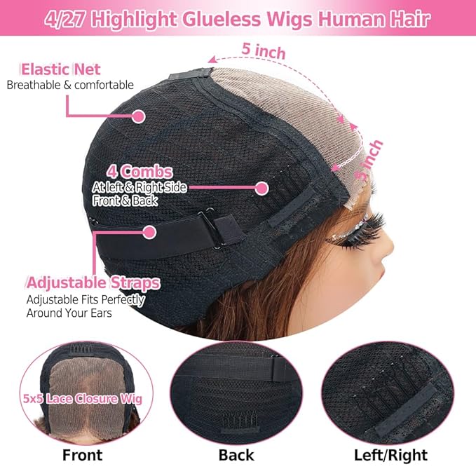 250% Density Highlight Ombre Glueless Wigs Human Hair Pre Plucked Pre Cut 5x5 HD Lace Closure Wigs Human Hair 4/27 Colored Honey Blonde Body Wave Lace Front Wigs 34 Inch