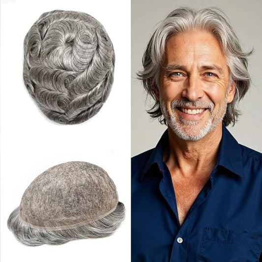 Toupee For Men Real Human Hair System Full Swiss Lace Mens Toupee Lace Hair Piece For Men Hair System Bleached Knots 8x10 120% Medium light density #1B80 1B# OFF BLACK+80% GREY