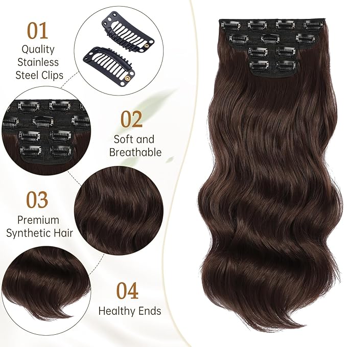 Vigorous Clip in Hair Extensions 20Inch Light Brown Hair Extensions Clip Ins 4Pcs Long Wavy Soft Synthetic Hairpieces for Women
