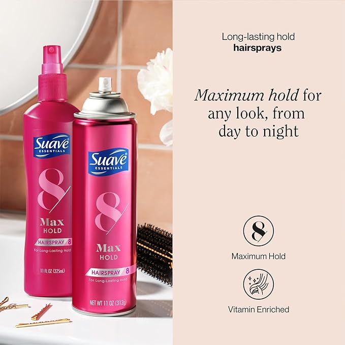Suave+ Hairspray, Max Hold Bundle – Unscented Hairspray + Scented Non-Aerosol Hair Spray, 11 Oz Ea (2 Piece Set)
