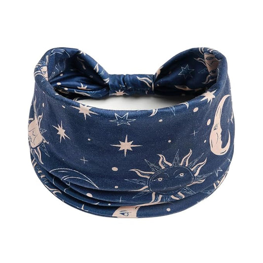 1 Pack Boho Headbands Stretch Paisley Print Bandana Headband Criss Cross Hair Bands Knotted Head Wrap Yoga Daily for Women and Girls (Navy Starry)