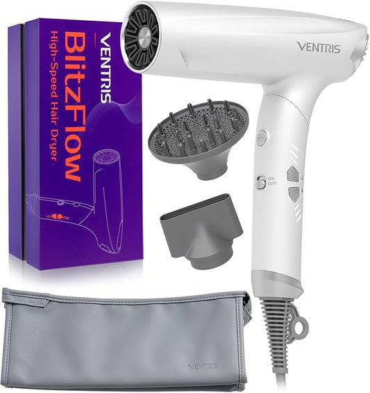 VENTRIS 1400W High-Speed Ionic Hair Dryer, Fast-Drying Lightweight Low-Noise Blow Dryer with Magnetic Diffuser & Concentrator, Cold Shot Button, BlitzFlow Series, Lucid White