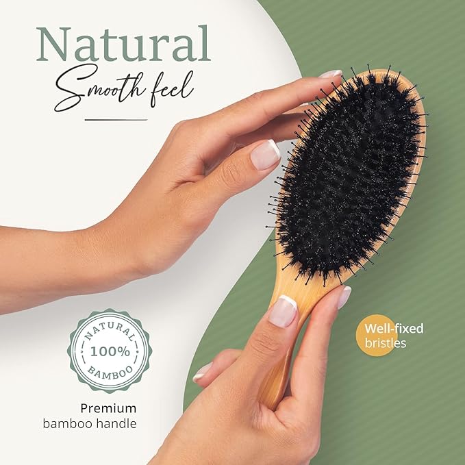Premium Boar Bristle Hair Brush for Thick Hair Set. Hairbrush for Women With Thick, Long or Curly Hair. Restores Hair's Shine and Health. Comb, Travel Bag & Spa Headband Included
