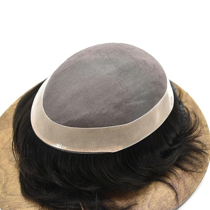 Mens Toupee Human Hair System for Men Durable Fine Mono Lace Men Replacement PU Poly Skin Around Light to Medium Density Wig Hairpiece (6"X9", 1B30 Off Black with 30% gray hair)