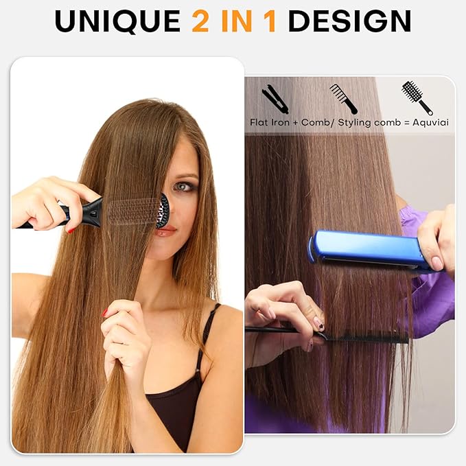 Hair Straightener Brush- Hair straighteners for Women, Ceramic Ionic Straightener Comb with Less Frizz | 20s Fast Heating | 2 in 1 Flat Iron Brush Dual Voltage Travel, Black