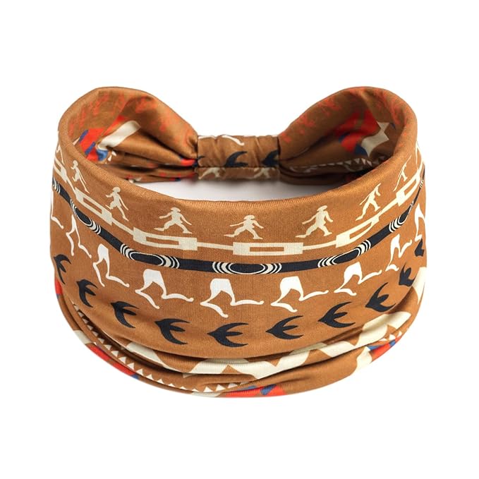 1 Pack Boho Headbands Stretch Paisley Print Bandana Headband Criss Cross Hair Bands Knotted Head Wrap Yoga Daily for Women and Girls (Brown Vintage)