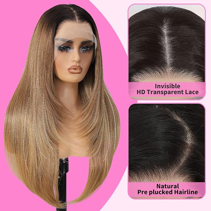 13x4 Synthetic Lace Front Wigs Pre Plucked Honey Blonde with Black 26 Inch Long Layered Straight Wigs For Women 100% Futura Premium Fiber Ready to Wear Wig With Bangs Daily Party Use