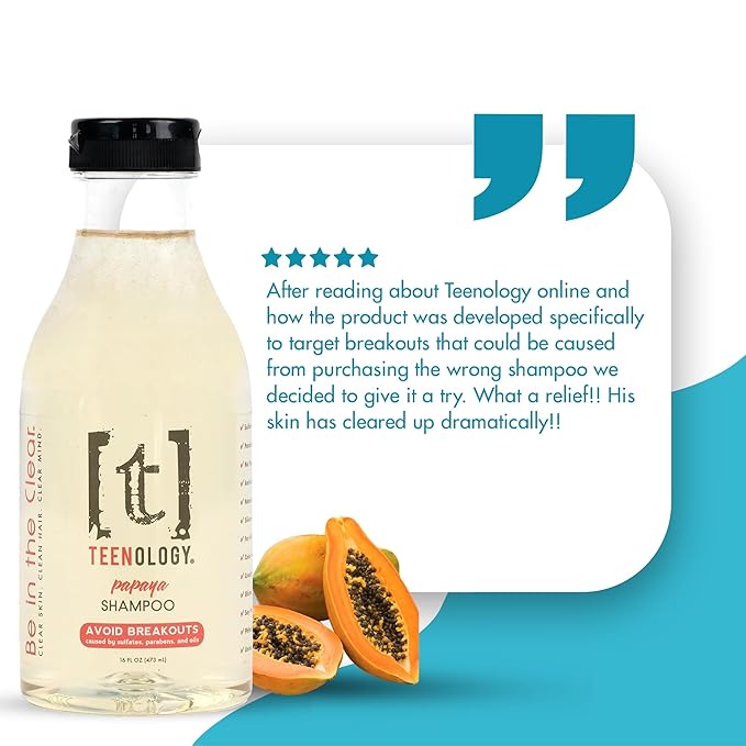 Teenology Teen Shampoo – Avoid Acne Breakouts, Non-Comedogenic, For Dry & Oily Scalps, Sulfate & Paraben Free, Natural Botanical Extracts, for Clear Skin & Healthy Hair, 16 oz – (Papaya)