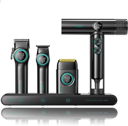 VGR Professional Barber Combo 4 in 1 – 9000RPM Cordless Hair Clipper & Trimmer, Foil Shaver & Hair Dryer Set, All-in-One Grooming Kit for Home & Barber, Premium Haircutting Kit with Travel Case, Black