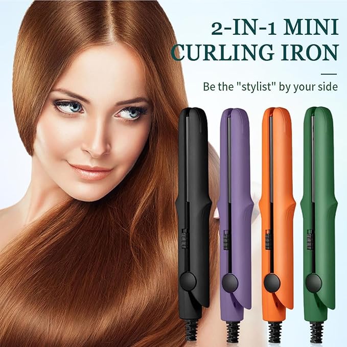 2 in 1 Mini Curling Iron, Hair Straightener, Dual Purpose Travel Curling Wand for All Hair Types Including Short & Long Hair, Portable Styling Tool with Constant Temperature (Orange)