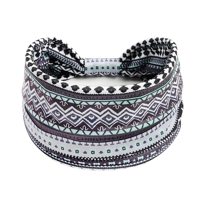 1 Pack Boho Headbands Stretch Paisley Print Bandana Headband Criss Cross Hair Bands Knotted Head Wrap Yoga Daily for Women and Girls (Black Geometric)