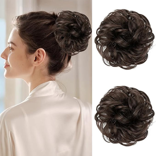 2PCS Messy Bun Hair Piece Extensions - Heat Resistant Synthetic Curly Hairpieces Elastic Scrunchie for Women Updo Ponytail Buns -Wavy Fake Wig Hairpiece for Daily, Party, Wedding(Dark Brown)