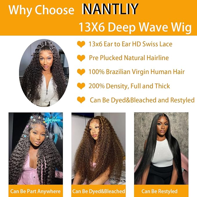 34Inch Deep Wave Lace Front Wigs Human Hair 13x6 Lace Front Wigs Human Hair Pre Plucked 200% Density for Women Deep Curly Glueless Wigs Human Hair Pre Plucked with Baby Hair 34Inch