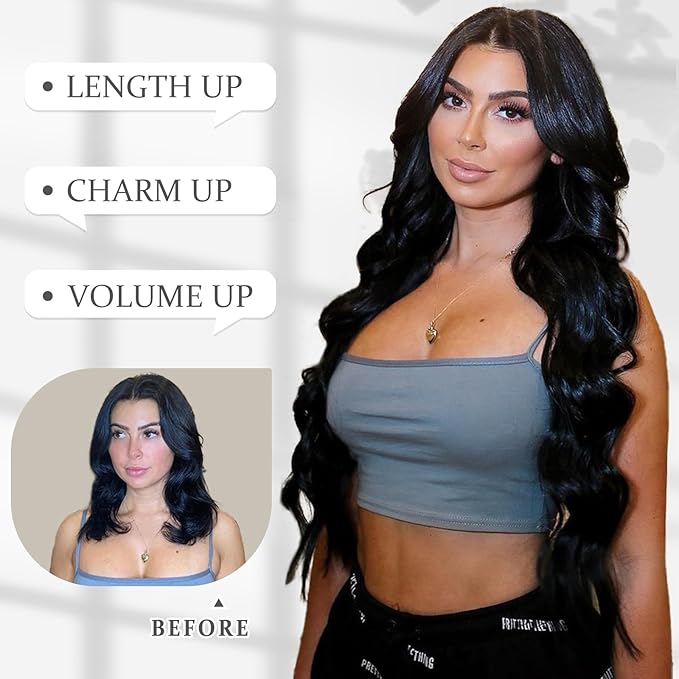 Vigorous Clip in Hair Extensions 4Pcs Black Hair Extension 24 Inch Long Wavy Soft Synthetic Hairpieces for Women