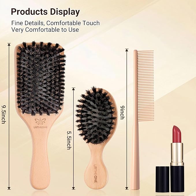 URTHEONE Pure Boar Bristle Hair Brush Set with Wide-Tooth Comb,Natural Beechwood Detangling Kit for Shine & Frizz Control,Gift for Women & Men