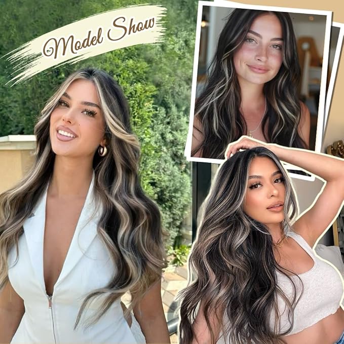 Vigorous Clip in Hair Extensions 20 Inch Black Mix Blonde Long Hair Extensions Clip Ins 4PCS Soft Synthetic Hairpieces for Women