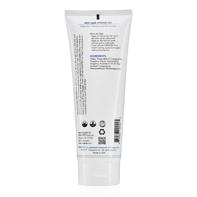 "FRAGFRE Hair Styling Gel, 8 fl oz, Extra Hold, Non Toxic & Flaky, Alcohol Free, Unscented, Color Safe, Provides Strong Firm Hold, No Residue, For Men and Women"