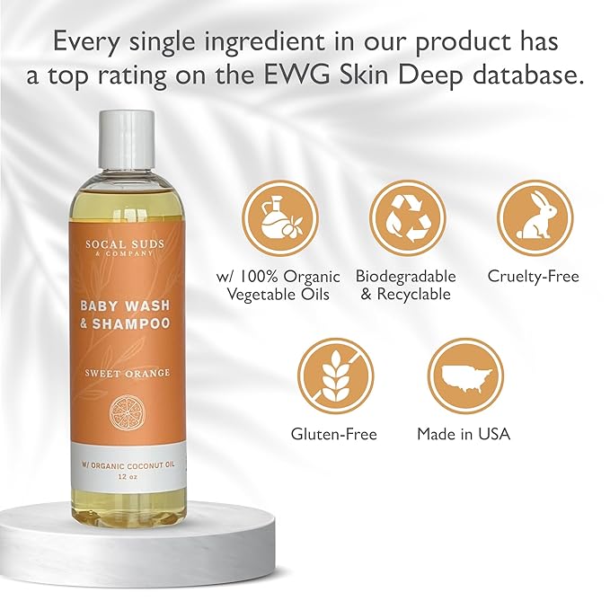 SoCal Suds & Company Organic Baby Shampoo and Body Wash - 2-in-1 Castile Soap, Hypoallergenic, Sensitive Skin, Natural Soap, Toddler Shampoo, Infant, Newborn, Kids Body Wash - 12oz Sweet Orange 2Pk