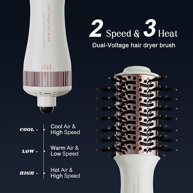 Travel Dual Voltage Hair Dryer Brush 4-IN-1 Portable Mini Hot Air Blow Dryer Straightener & Curler Brush, Titanium Round Blowout Styler Volumizer Tools, 110/240V US/EU/UK Plug for International Travel