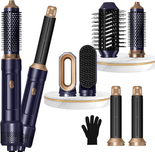 6 in ONE Blow Dryer Brush, Curling Wand Hair Styling Tools Set, Ionic Hot Air Hair Dryer, Massage Oval Hair Dryer, Left&Right Hair Curlers 100-120V (Blue Gold)