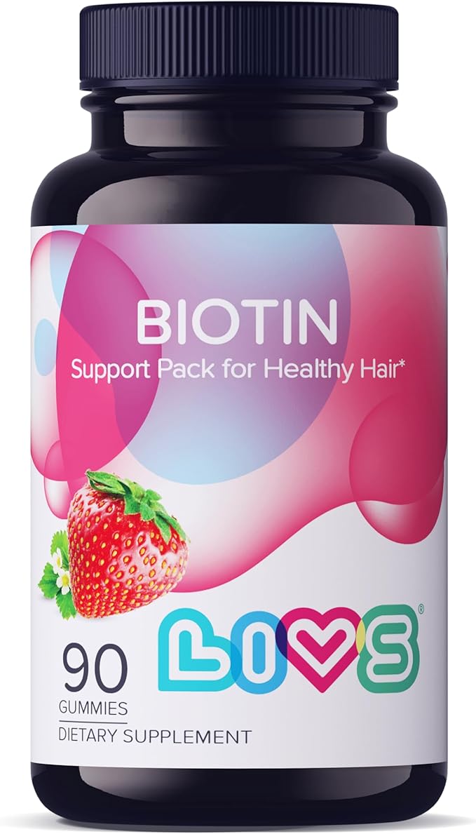 LIVS Biotin Gummies 10,000mcg for Hair, Skin & Nail Growth – Biotin & Collagen Supplement for Women & Men | Vegan, Gluten-Free, Non-GMO Hair Vitamins | Strawberry Flavor Beauty Gummies – 90 Count
