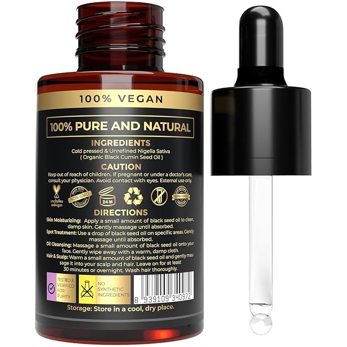 100% Plant Based Black Seed Oil Organic Cold Pressed - Nigella Sativa Black Cumin Seed Oil for Skin & Face - BlackSeed Drops for Hair Growth & Skin Moisturizing | Aceite de Semilla Negra Organico