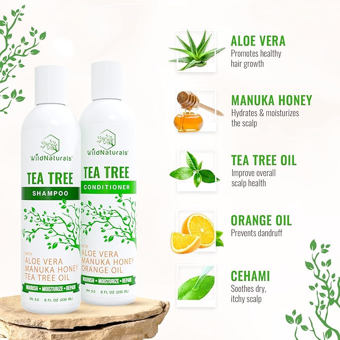 Tea Tree Oil Shampoo and Conditioner Set - Dry Scalp Treatment for Itchy Relief - Anti-Dandruff Thickening Formulas for Men & Women, All Hair Types