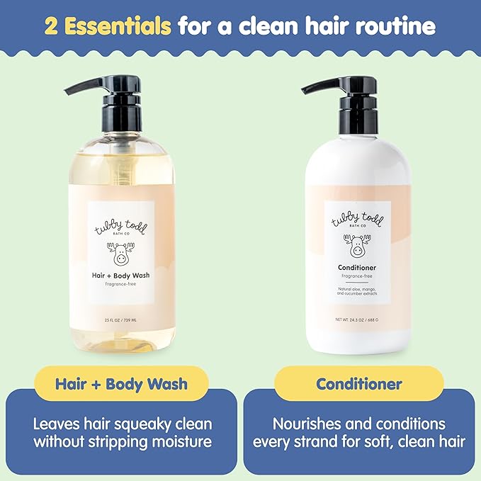 TUBBY TODD Hair Duo - Baby Shampoo and Conditioner Set - Gentle & Moisturizing Hair Care - Hypoallergenic, Non-Irritating - For Newborns, Toddlers & Kids - 25 Fl Oz & 24.3 Fl Oz - Fragrance-Free