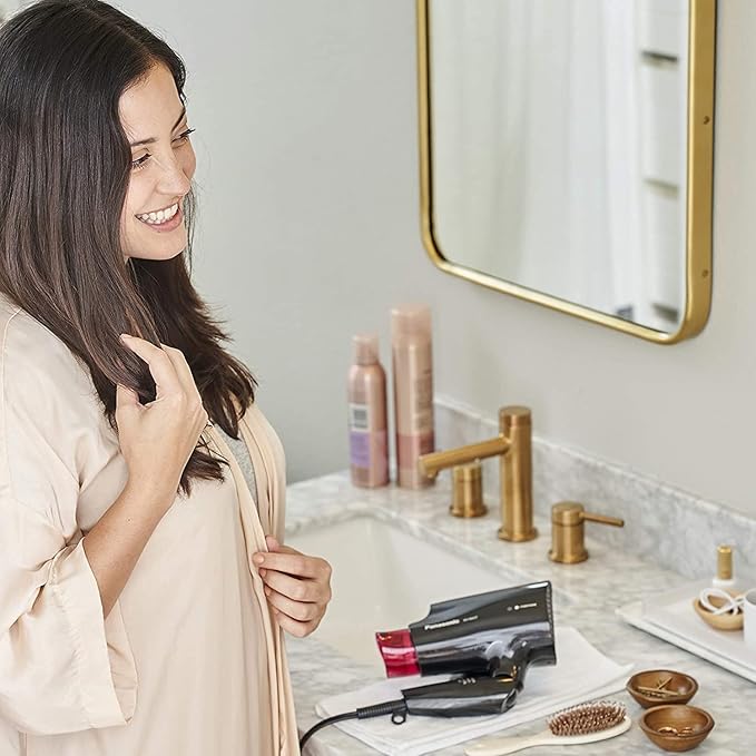 Panasonic nanoe Compact Hair Dryer for Healthy-Looking Hair, 1400W Portable, Folding Handling and QuickDry Nozzle for Fast Drying – EH-NA27-K (Black/Pink)