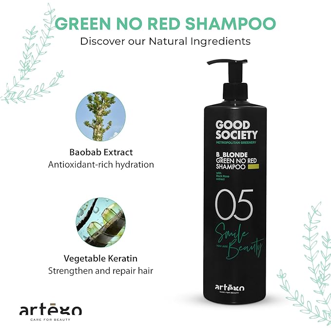 Artègo Good Society B_Blonde Green No Red Shampoo – Tone Neutralizing Shampoo for Blonde, Bleached & White Hair (33.8 oz)